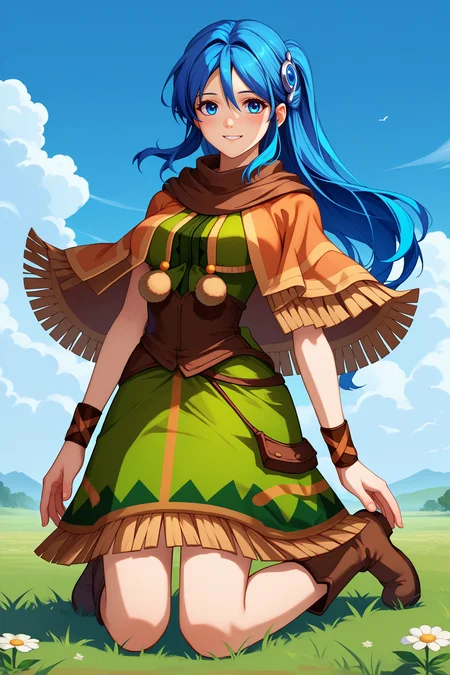 score_9, score_8_up, score_7_up, score_6_up, source_anime, 1girl, solo, <lora:ystia-pdxl-nvwls-v1-000005:1> ystia, blue hair, long hair, ponytail, blue eyes, hair ornament, brown capelet, brown scarf, green and brown dress, bracelet, breasts, boots, kneeling, looking at you, smile, field, blue sky, blush, full body, meadow, clouds