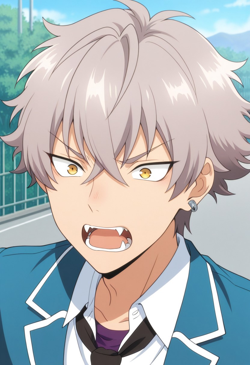 masterpiece,best quality,amazing quality, source_anime, 
kogaoogami, 1boy, male focus, solo, yellow eyes, grey hair, jewelry, earrings, school uniform, purple undershirt, shirt, white shirt, collared shirt, necktie, black necktie, jacket, blazer, blue jacket, portrait, open mouth, fangs,
outdoor,