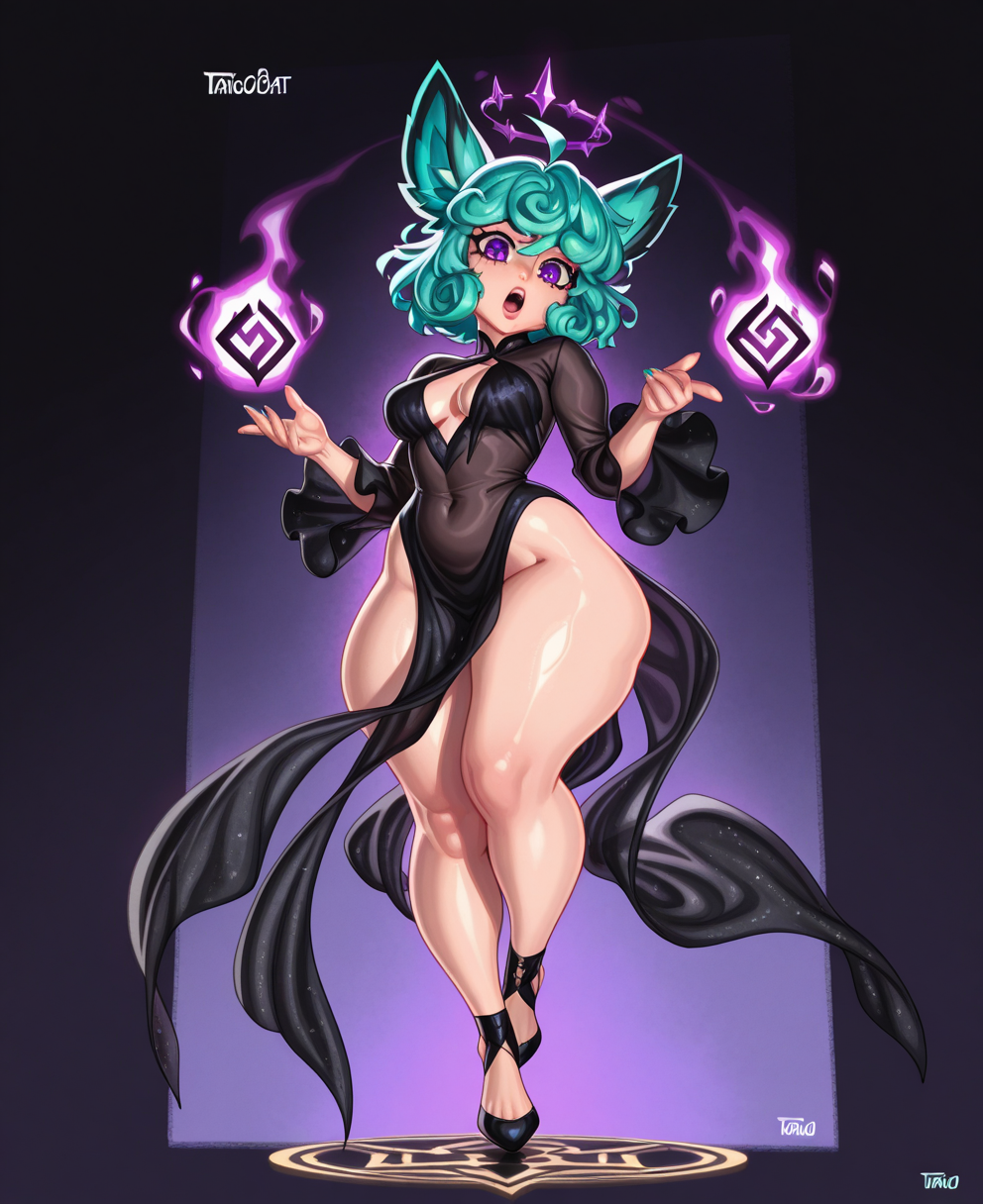 <lora:tangobat:1> tangobat,
MATURE FEMALE, LARGE BREASTS, (masterpiece), (best quality), (ultra-detailed), amazing quality, very aesthetic, illustration, perfect composition, intricate details, absurdres, incredibly absurdres, shiny skin, realistic,
 tangobat, 1girl, solo, , , ahoge, breasts, purple eyes, thick thighs, curly hair, floating, thighs, green hair, dress, open mouth, black dress, full body, animal ears, looking at viewer, covered navel, short hair, medium breasts, aqua hair, small breasts, cosplay, sensitive