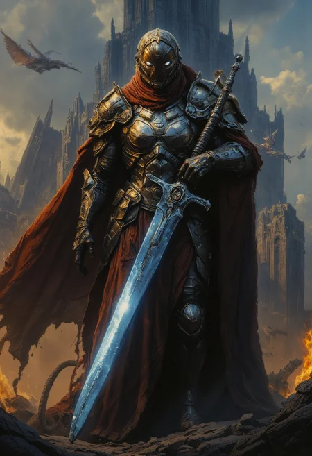 Create a dramatic digital illustration of a fierce female warrior, torn between the past and the future. She stands tall, leaning on a massive weapon that fuses a plasma blade with a rustic sword, symbolizing the clash of time. One side of her body is clad in shining medieval armor, while the other features sleek cybernetic enhancements, reflecting advanced technology.
Her armor showcases this duality: the left side is worn and scarred from battles, draped in tattered fabric, while the right gleams with metallic plates that glow with a cool blue light. One eye is obscured by a metal eyepiece, mirroring her futuristic side, while the other remains fully human and fierce.
The background contrasts her struggle—half the scene depicts crumbling castles, dragons, and a sun-drenched horizon, representing the past. The other half reveals towering skyscrapers, flying vehicles, and neon-lit structures, embodying the future.
Her cape flows behind her, a mix of torn medieval cloth and shimmering futuristic fabric. This scene captures not only her external battle but also her internal conflict, as she strives to unite her strength and identity amid the chaos of light and shadow, symbolizing the ongoing war between honor and corruption.