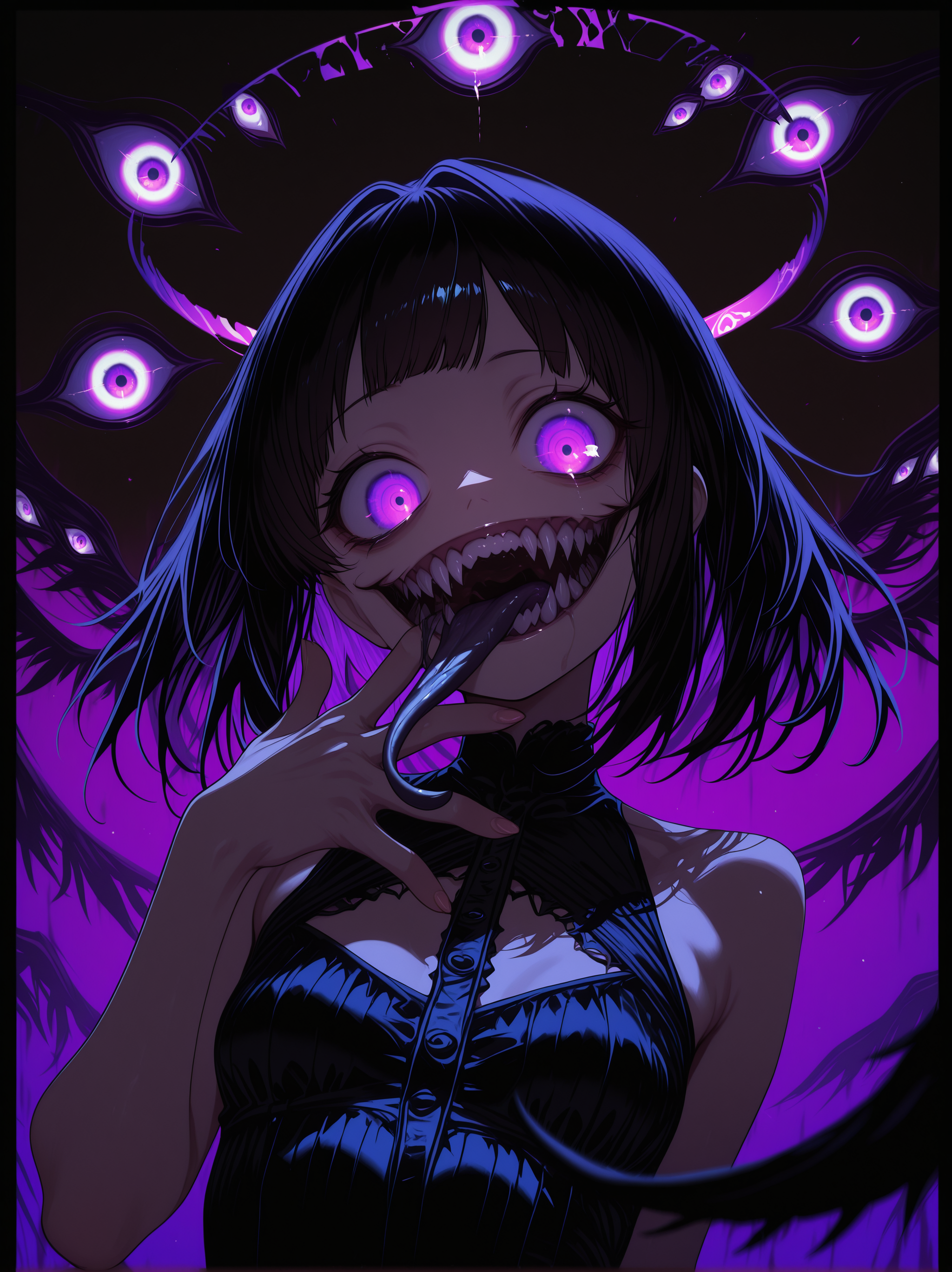 masterpiece, best quality, newest, highres, absurdres, 
 <lora:Eldritch_horror_concept_LoRA:1.2> 1uxfer0, destroyed head, eldritch abomination, (teeth:1.2), (sharp teeth:1.2), tongue,( long tongue:1.3),  tongue out, open mouth, (halo:1.4), 
1girl, (solo:1.2), small breasts, looking at another, 
 upper body, dynamic pose, 
(glowing:1.2) purple hand, hand focus, foreshortening, depth of field, out of frame,
<lora:HerrscherAGGA2025_Ramme_ConceptLora_V1:0.8> Ramme_CL, Ramme, two-tone background, out of frame, (extra eyes background:1.3), dark background, /(color)/ background, border, (outline:1.1),