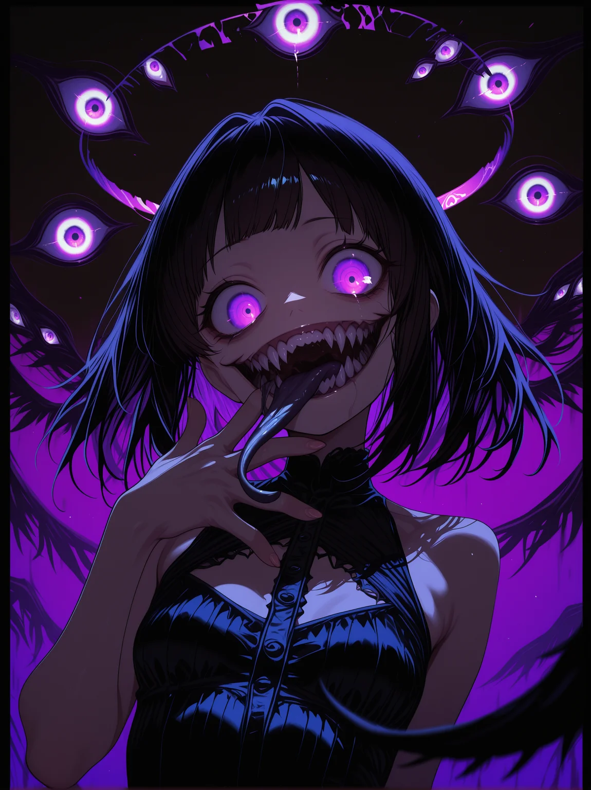 masterpiece, best quality, newest, highres, absurdres,
<lora:Eldritch_horror_concept_LoRA:1.2> 1uxfer0, destroyed head, eldritch abomination, (teeth:1.2), (sharp teeth:1.2), tongue,( long tongue:1.3), tongue out, open mouth, (halo:1.4),
1girl, (solo:1.2), small breasts, looking at another,
upper body, dynamic pose,
(glowing:1.2) purple hand, hand focus, foreshortening, depth of field, out of frame,
<lora:HerrscherAGGA2025_Ramme_ConceptLora_V1:0.8> Ramme_CL, Ramme, two-tone background, out of frame, (extra eyes background:1.3), dark background, /(color)/ background, border, (outline:1.1),