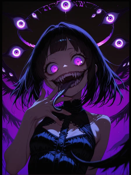 masterpiece, best quality, newest, highres, absurdres,
<lora:Eldritch_horror_concept_LoRA:1.2> 1uxfer0, destroyed head, eldritch abomination, (teeth:1.2), (sharp teeth:1.2), tongue,( long tongue:1.3), tongue out, open mouth, (halo:1.4),
1girl, (solo:1.2), small breasts, looking at another,
upper body, dynamic pose,
(glowing:1.2) purple hand, hand focus, foreshortening, depth of field, out of frame,
<lora:HerrscherAGGA2025_Ramme_ConceptLora_V1:0.8> Ramme_CL, Ramme, two-tone background, out of frame, (extra eyes background:1.3), dark background, /(color)/ background, border, (outline:1.1),