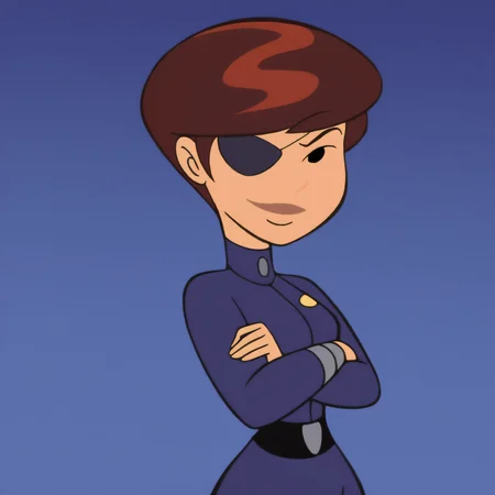<lora:Kim_Possible_Style_6c_Illustrious_aon:1> kmstyle, masterpiece, best quality, outdoors, night, dark, looking at viewer, closed mouth, 1girl, solo, kmdbd, brown hair, eyepatch, black eyes, short hair, smile, dark blue bodysuit, long sleeves, black belt