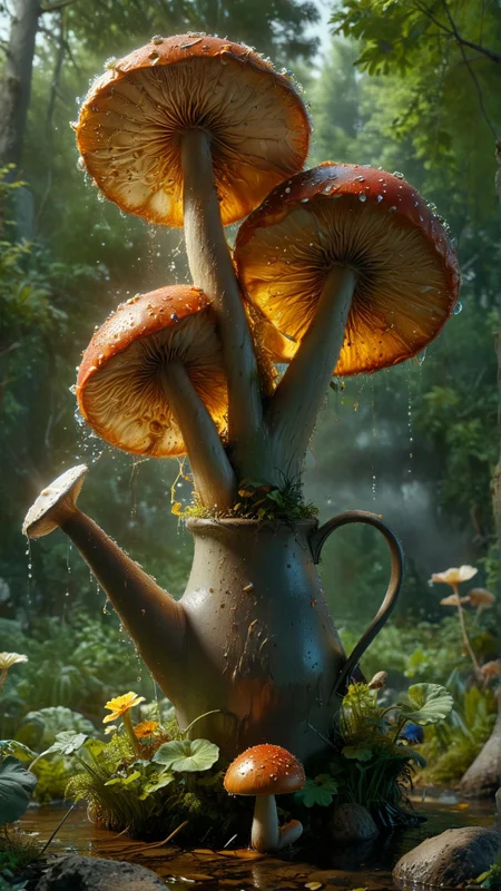 Act like you're watering a garden of giant mushrooms with a watering can the size of a house. 
full body portrait
majestetic
(masterpiece, award winning artwork)
many details, extreme detailed, full of details,
Wide range of colors, high Dynamic
 <lora:dvr-bzz:1> (dvr-bzz:1.1) buzz
 <lora:xl_more_art-full_v1:0.3> 
<lora:MJ52:0.28>
 <lora:dvr-lnds-sdxl:0.25> dvr-lnds-sdxl
 <lora:ral-decoznow:0.22> ral-decoznow 
<lora:sss:1> sss, translucent, subsurface, scattering
 <lora:add-detail-xl:1>