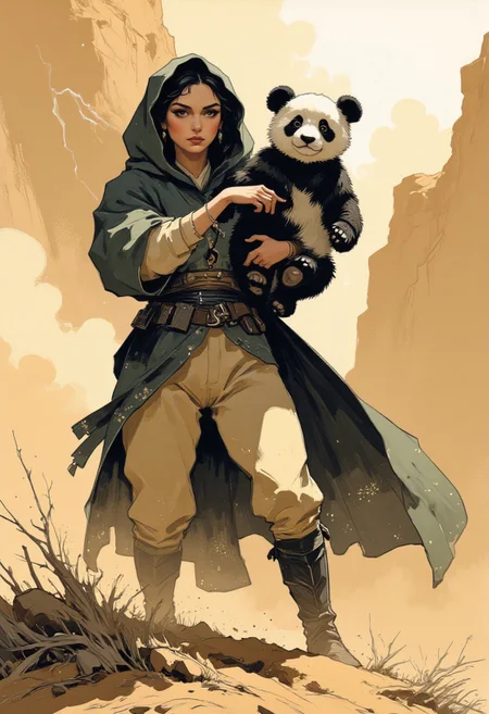 Depict a dramatic scene where a woman, clad in a hooded robe, battles against a fierce sandstorm. The strong wind whips her robe around her, creating dynamic folds and shapes as it strains against the fabric. The focal point of the image is the panda cub she is carefully lifting. The cub, small and vulnerable, is held protectively in her arms, its fur ruffled by the wind. The sandstorm rages around them, swirling sand and dust into the air, creating a hazy and chaotic environment. The scene should be a full body view, showcasing the woman's strength and determination as she struggles against the elements. Her face may be partially obscured by the hood and the blowing sand, adding to the mystery and drama of the moment. The overall composition should convey a sense of urgency and danger, emphasizing the woman's heroic effort to protect the panda cub amidst the harsh conditions of the sandstorm. The lighting could be dramatic, perhaps with a low sun or a flash of lightning, to further enhance the intensity of the scene.
stylized illustration, brush strokes, sr3fmj, Anime, Niji, artipencil01
