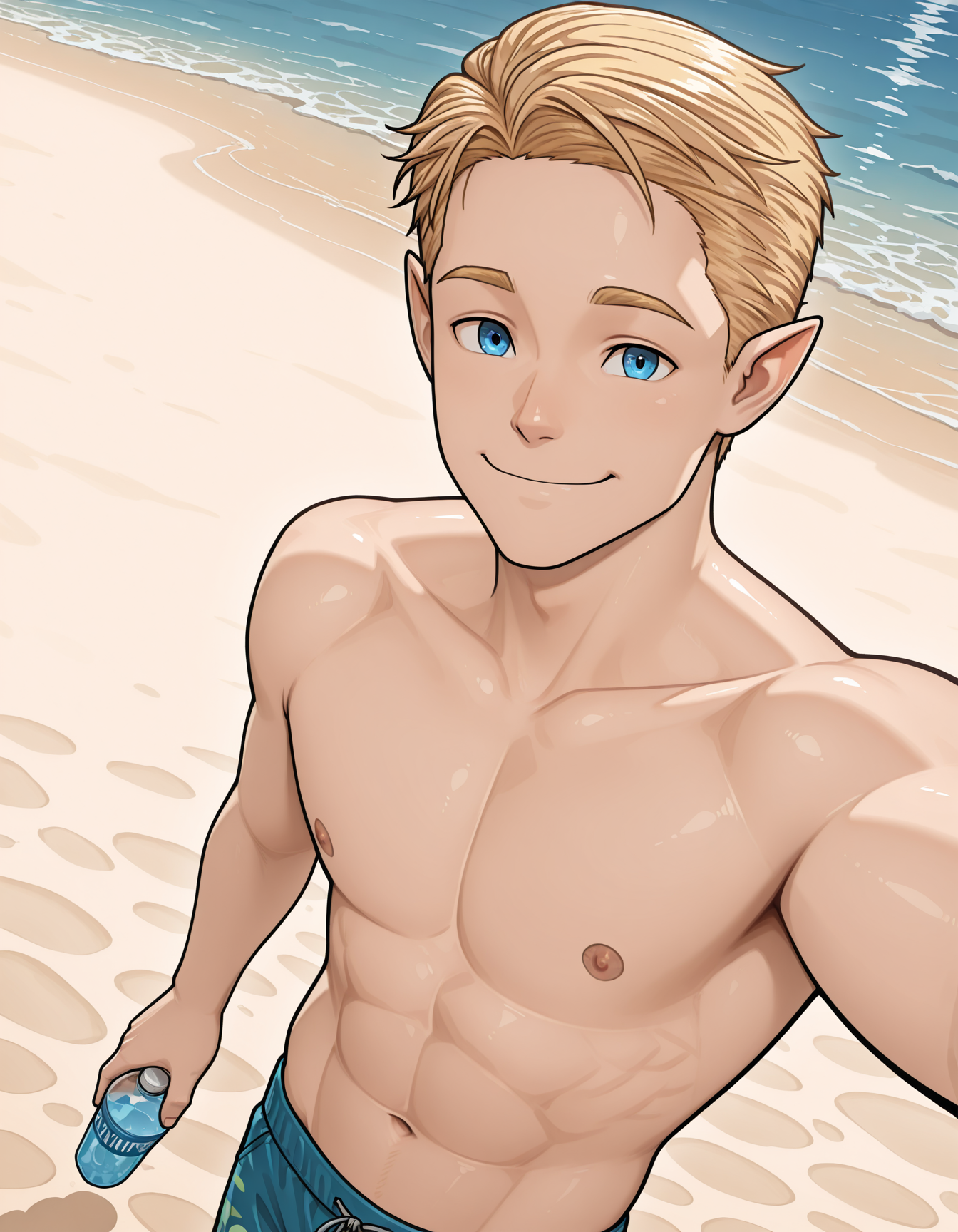 <lora:TyDecoy:1> 1boy, tydecoy, elf male, muscular, blonde hair, blue eyes, pointy ears,
smile, swiming shorts, arm out selfie, holding mikshake,
beach, ocean, sunny,, masterpiece,best quality,amazing quality,newest, absurdres, highres, detailed eyes, beautiful, perfect eyes, finely detailed face, very aesthetic,