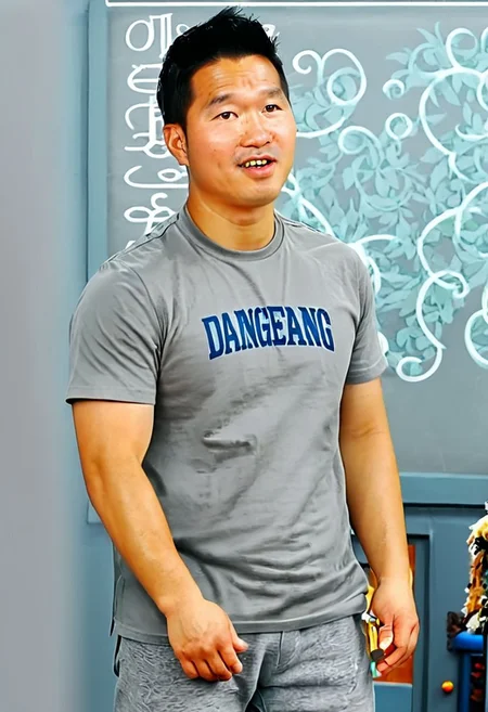 (((htkangface))), daddy,  natural face expression, (((detailed HtKangface))), fixed htKangface Photorealistic, realistic, masterpiece, intricate details, detailed background, depth of field, photo of a handsome, dynamic pose, natural face expression, (((looking at viewer))), high detail, high quality, male focus,  ((T shirt)), ((pants)), ((classroom background))