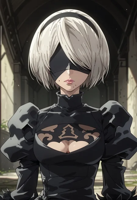 score_9,score_8_up,score_7_up,source_anime, YORHA_NO.2_TYPE_B,1girl,solo,short hair,long sleeves,dress,closed mouth,upper body,white hair,grey hair,hairband,puffy sleeves,mole,black dress,lips,clothing cutout,turtleneck,cleavage cutout,black hairband,juliet sleeves,facing viewer,mole under mouth,pink lips,blindfold,covered eyes,black blindfold,