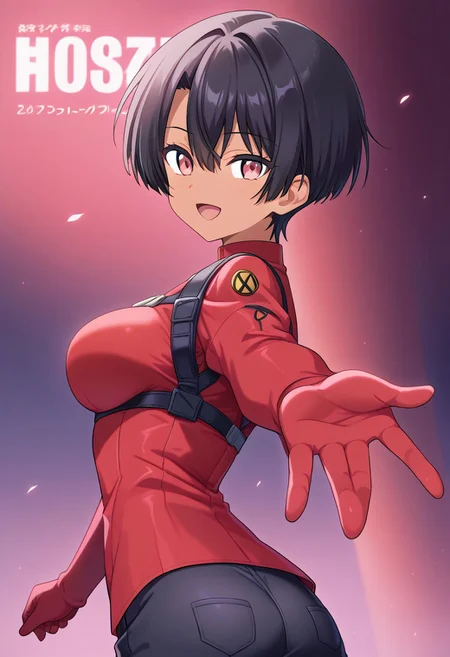 score_9, 4l1ce, dark skin, black hair, pink eyes, <lora:looking-back-reaching-towards-viewer-ponyxl-lora-nochekaiser:1>, looking back reaching towards viewer, looking at viewer, solo focus, smile, looking back, open mouth, reaching towards viewer, source_anime, ntm,