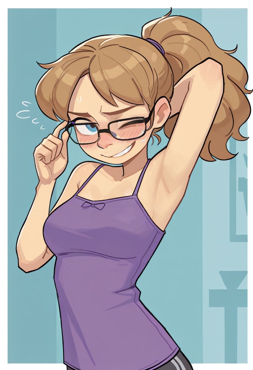 AMUGEA, cute, flat shading,DaisyW00ton, solo, 1girl,Glasses, medium breasts, camisole,  , blue eyes, , ponytail, wink, blushing, shy, nervous grin, armpits, looking at viewer, slim,