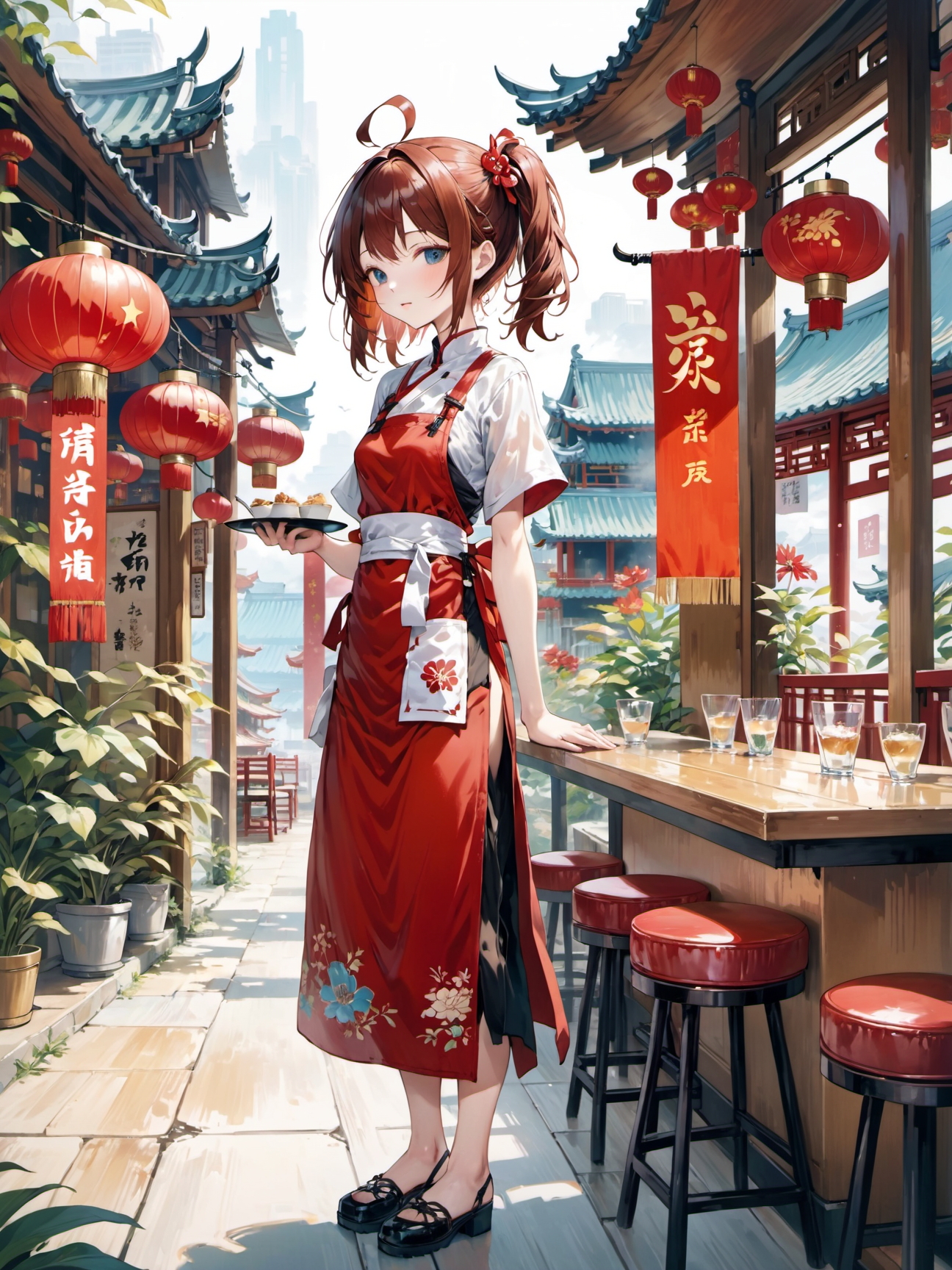 1girl, chestnut hair, short hair, messy hair, short twintails hair, hair between eyes bangs,   chinese clothes apron high-heeled shoes,  chinese cafe terrace daytime,  from side
