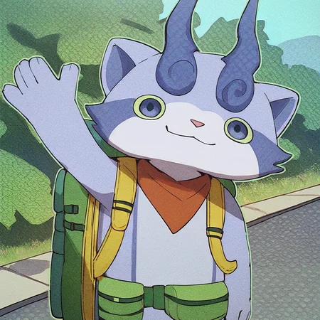 score_9, score_8_up, score_8, furry, Koma, blue fur, thick blue eyebrows, pink nose, blue eyes, green sclera, cartoon style, 2d, solo, red neckerchief, backpack, green fanny pack, standing, waving, one arm up, smile, looking at viewer, outside