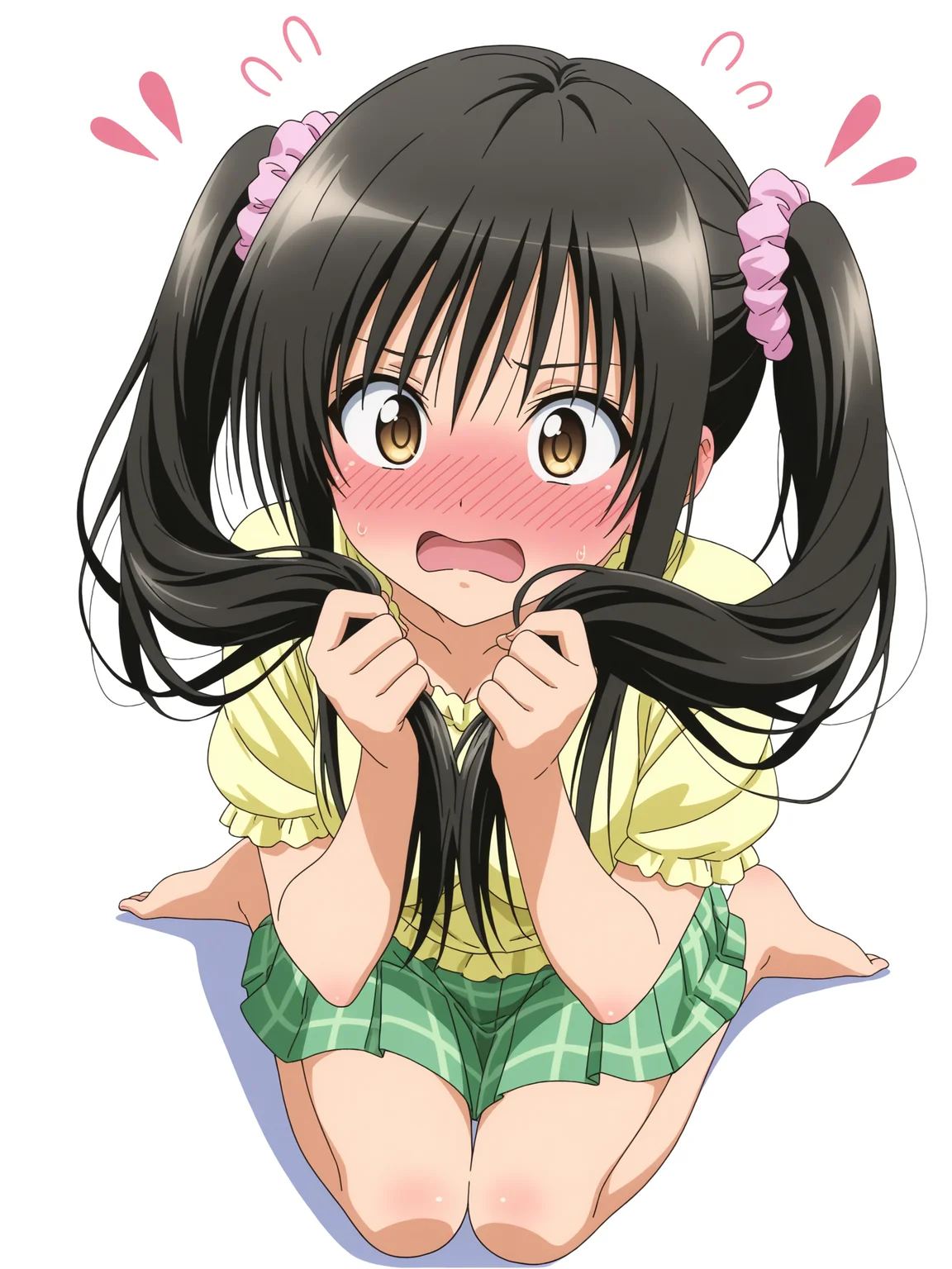 <lora:Kotegawa:1>,kotegawa,full body,twintails,holding hair, hair covers face,flustered,