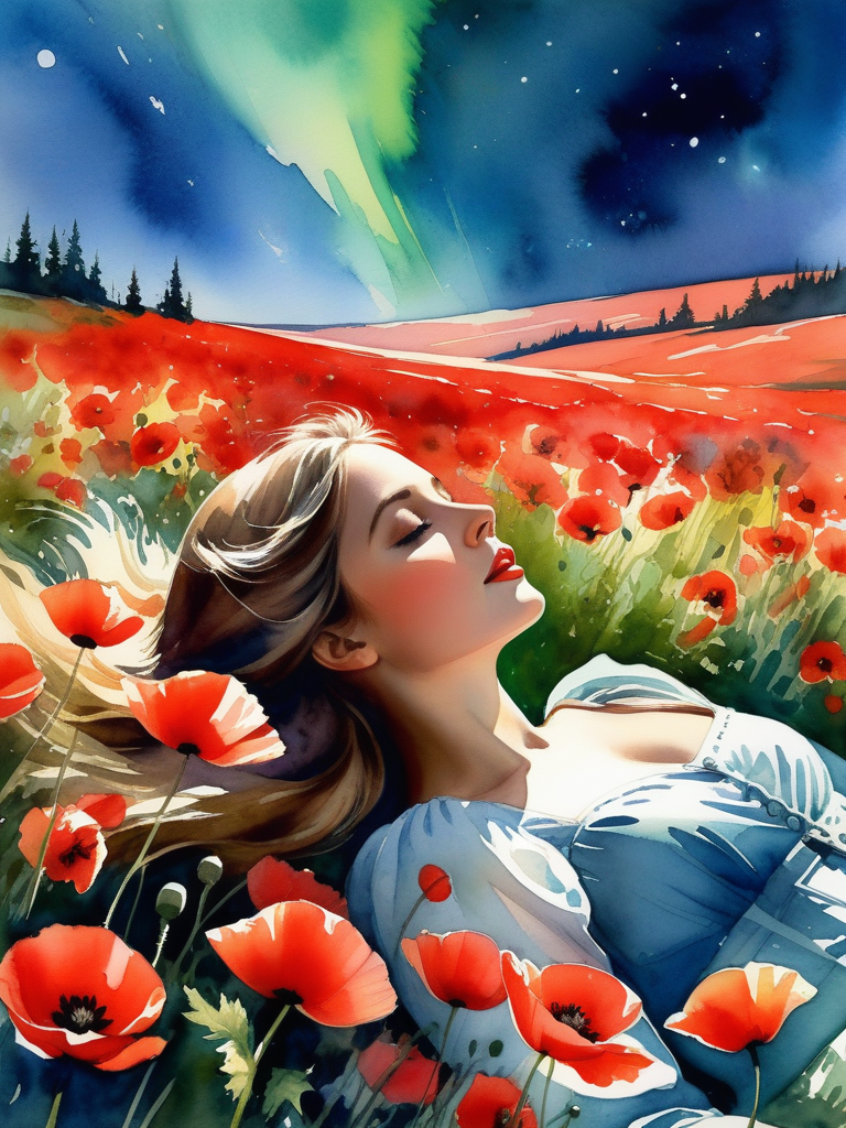 <lora:09WatercolorPainting_Hap_XL:1>,Winslow Homer style, watercolor painting, watercolor, Auroral arboretums, where a cute romantic girl is lying among poppies and looking at the fantastic sky where the Northen lights shimmer, amazing hypnotic masterpiece vogue photo, by Valent10179, hd,,