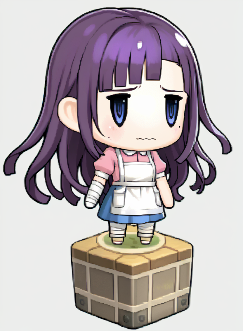 score_9, score_7_up, source_anime, solo, 1girl, embarrassed, wavy mouth, <lora:zs_PictlogicaStyleXL:1> ffpictlogicastyle, chibi, full body, faux figurine, <lora:danganronpa2_tsumiki_ponyXL:1> tsumiki mikan, mole under eye, purple hair, pink shirt, puffy short sleeves, white apron, blue skirt, bandaged leg, bandaged arm