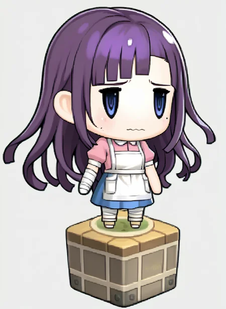 score_9, score_7_up, source_anime, solo, 1girl, embarrassed, wavy mouth, <lora:zs_PictlogicaStyleXL:1> ffpictlogicastyle, chibi, full body, faux figurine, <lora:danganronpa2_tsumiki_ponyXL:1> tsumiki mikan, mole under eye, purple hair, pink shirt, puffy short sleeves, white apron, blue skirt, bandaged leg, bandaged arm