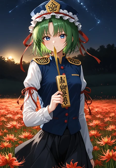 safe_pos, 1girl, solo, solo focus, highres, absurdres, shikieiki, green hair, frilled hat, blue eyes, blue headwear, short hair,

long sleeves, black skirt, white shirt, blue vest, red ribbon, epaulettes, small breasts, arm ribbon, buttons,

looking at viewer, holding,

red spider lily, flower field, night, night sky, red sky, backlighting,