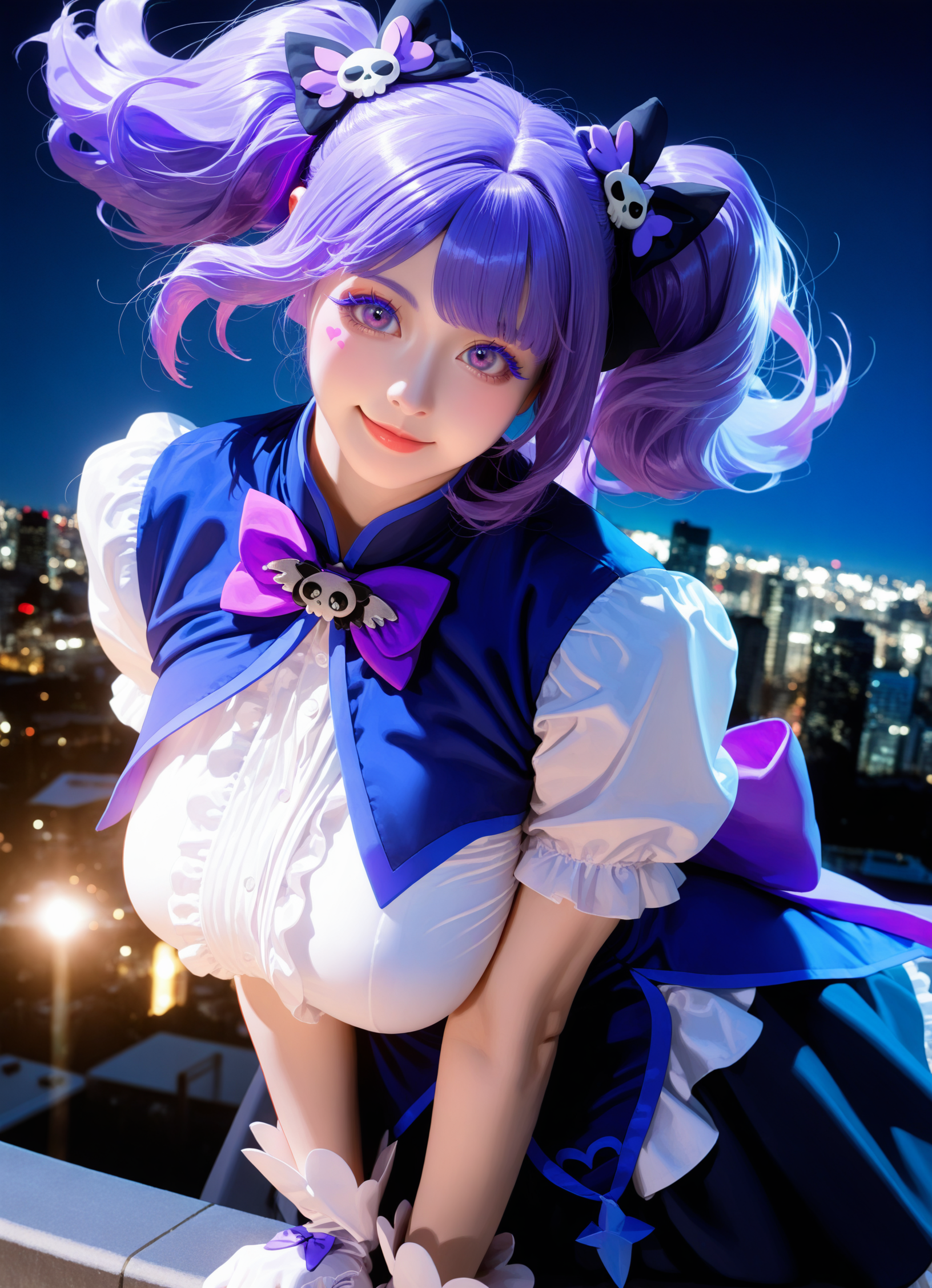 1girl,
Lanmei haoxiongdi,<lora:lanmeinoob-000014:0.8>,(realistic:1.1),(cosplay:1.05),
twintails,purple hair,Purple eyelashes,solo,perfect face,realistic skin,cute,bedutiful eyes,magical girl,bow,gloves,white gloves,purple bow,white shirt,skull hair ornament,looking at viewer,hair ornament,large breasts,slender waist,black bow,hair bow,dress,frills,
(night:1.2),city lights,cityscape,depth of field,(evening:1.1),gradient sky,lens flare,skyline,skyscraper,star,smile,floating hair,outdoors,rooftop,
portrait,close-up,
masterpiece,best quality,very aesthetic,absurdres,movie vibe,8k,RAW photo,(photo-realistic:1.1),soft lighting,perfect composition,<lora:add-detail-xl:1>,<lora:ClearHand-V2:1>,<lora:DetailedEyes_V3:1>,