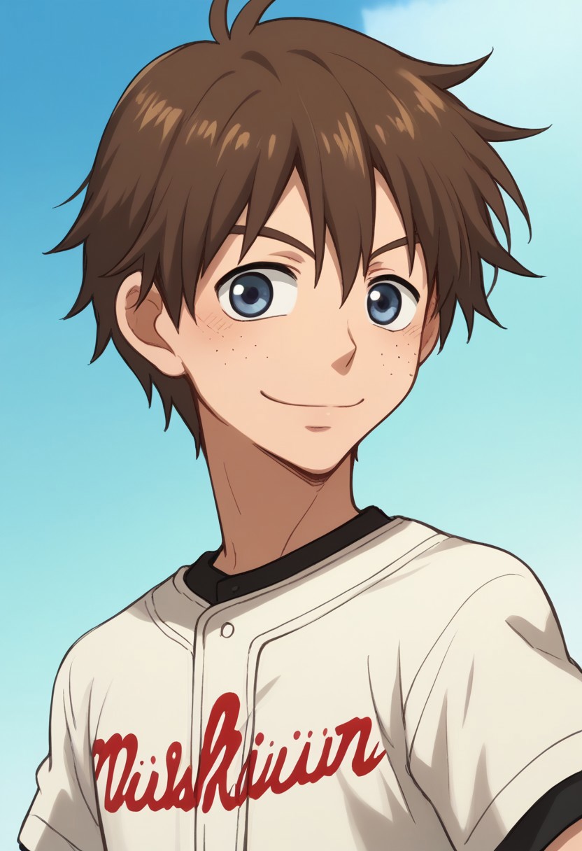 score_9, score_8_up, score_7_up, source_anime, highly detailed, 
kosuke, 1boy, male focus, freckles, brown hair, blue eyes, solo, sportswear, baseball uniform, hand on hip, smile, upper body,