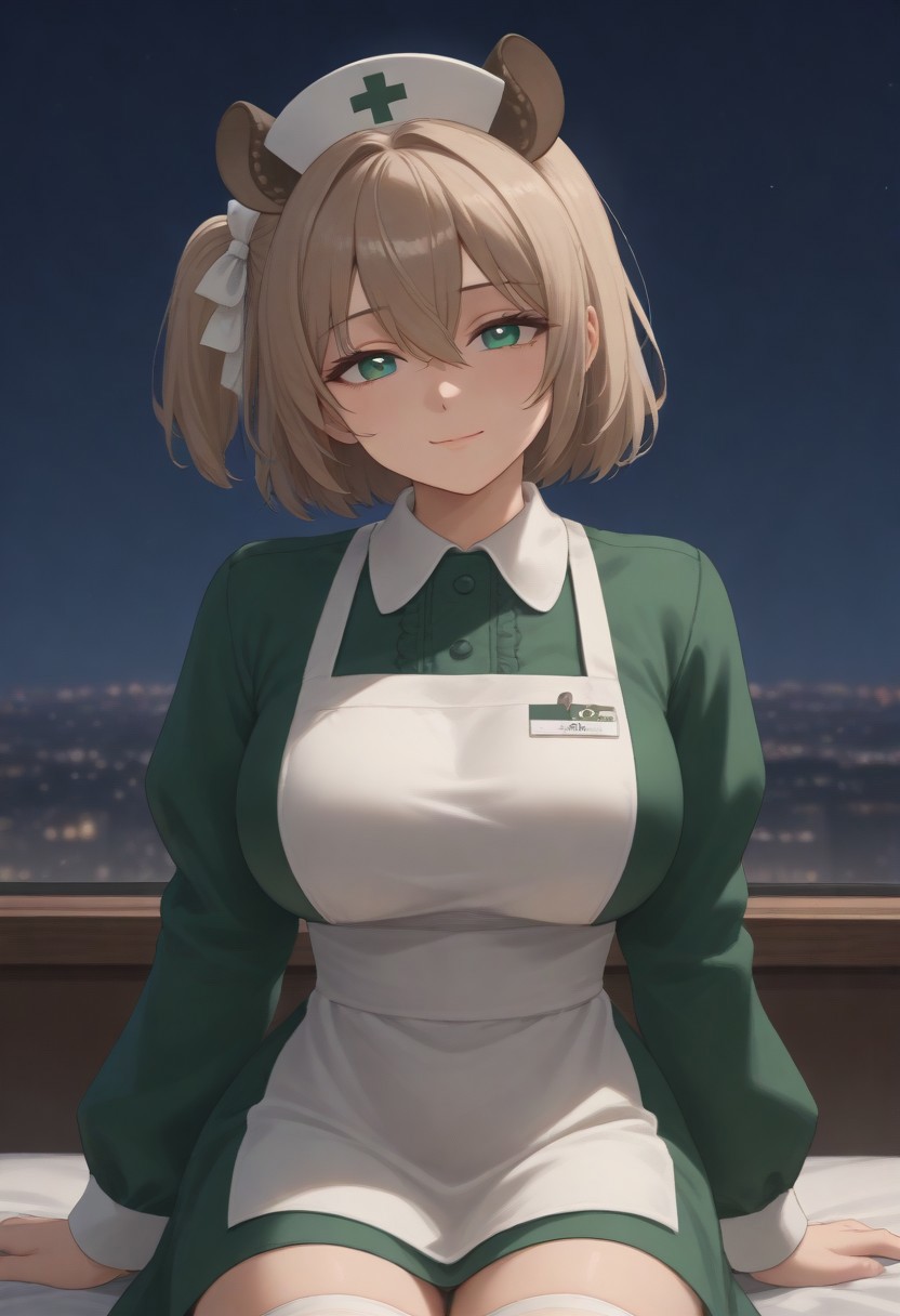 1girl, solo, solo focus, highres, absurdres, NimiNightmare, nurse cap, green eyes, bangs, animal ears, brown hair, hair between eyes, short hair, one side up,
large breasts, white apron, green dress, long sleeves, collared dress, puffy sleeves, white thighhighs,
looking at viewer, closed mouth, smug, head tilt,
cityscape, neon lights, window, dark, night, night sky, light particles, backlighting,