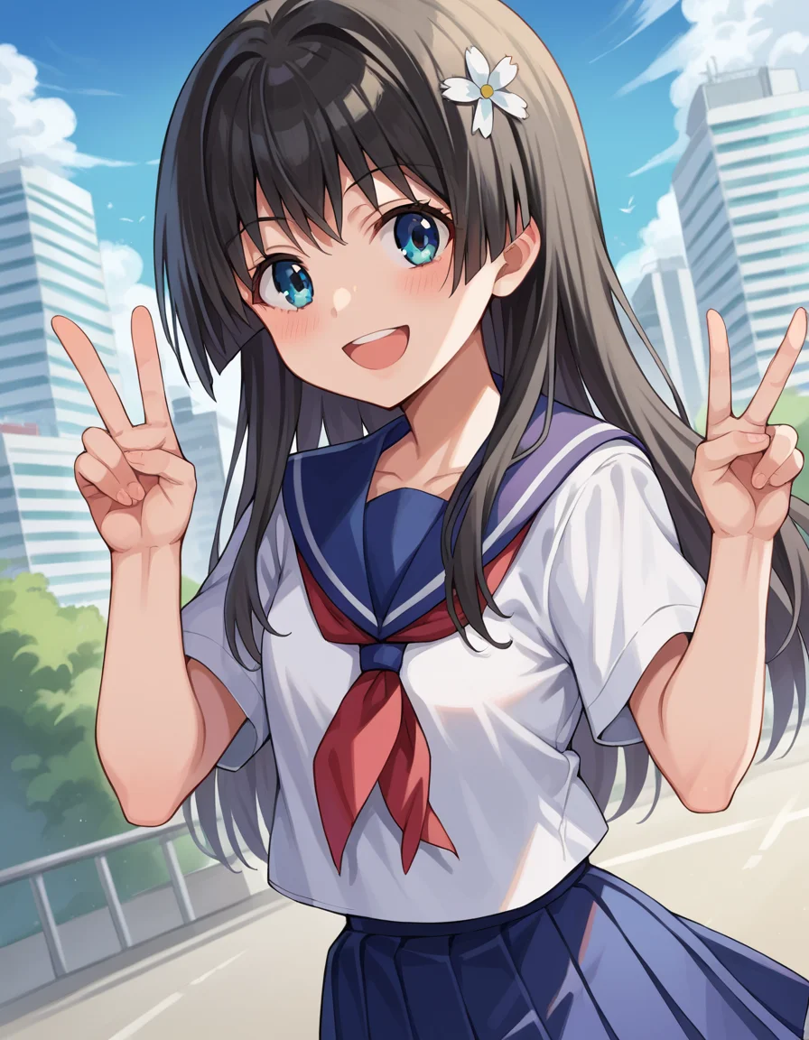 score_9, score_8_up, score_7_up, source_anime,
satenruiko, <lora:saten-ruiko-ponyxl-lora-nochekaiser:1>,
saten ruiko, black hair, blue eyes, long hair, hair ornament, flower ornament, smile,
blue skirt, pleated skirt, sakugawa school uniform, school uniform, serafuku, skirt, summer uniform,
outdoors, cityscape, peace sign,
looking at viewer, cowboy shot, dutch angle,