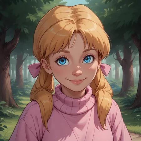score_9, score_8, BREAK, solo, Kim_Cherrywood_(The_Care_Bears_Movie), 1girl, blue eyes, blonde pigtails, pink sweater, pink bows, blue jeans, pink shoes, self portrait, smile, looking at viewer, outdoors, sunlight, shadows, evening lighting, natural lighting, forest, trees, grass, orange sky, sunset