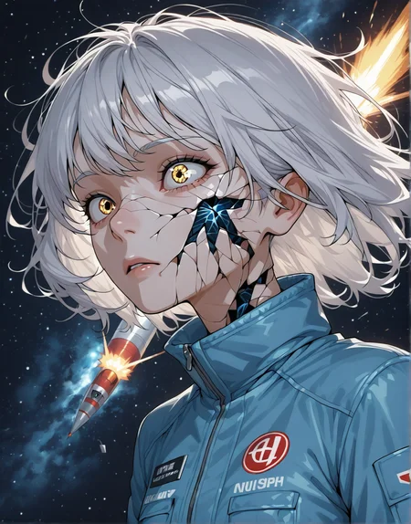 girl,white hair,blue jumpsuit,rocket, space,cracked skin,detailed face, high quality,8k,face_up,realism <lora:ya_cracked_skin :1>