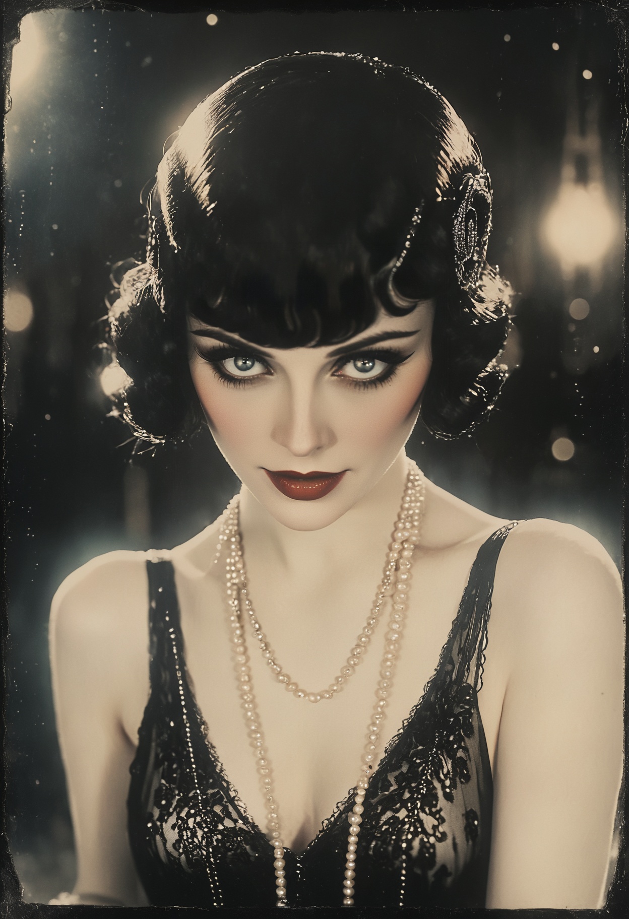 Bauhaus-Style Poster, (ArsMovieStill, 20s Silent Movie Still), (roaring 20s aesthetics), (silhouette:1.4), (flapper fashion, bright smile, pearl necklace). detailed face, stunning beauty, detailed skin, skin texture, skin pores, (freckles:0.9), luck of the irish, nighttime, bokeh, rain puddles, reflections, liminal fog, highly detailed, raw, gritty, realism, grainy texture, depth of field, grain <lora:20s_Silent_Movie:1>, simple geometric shapes, clean lines, primary colors, Bauhaus-Style Poster