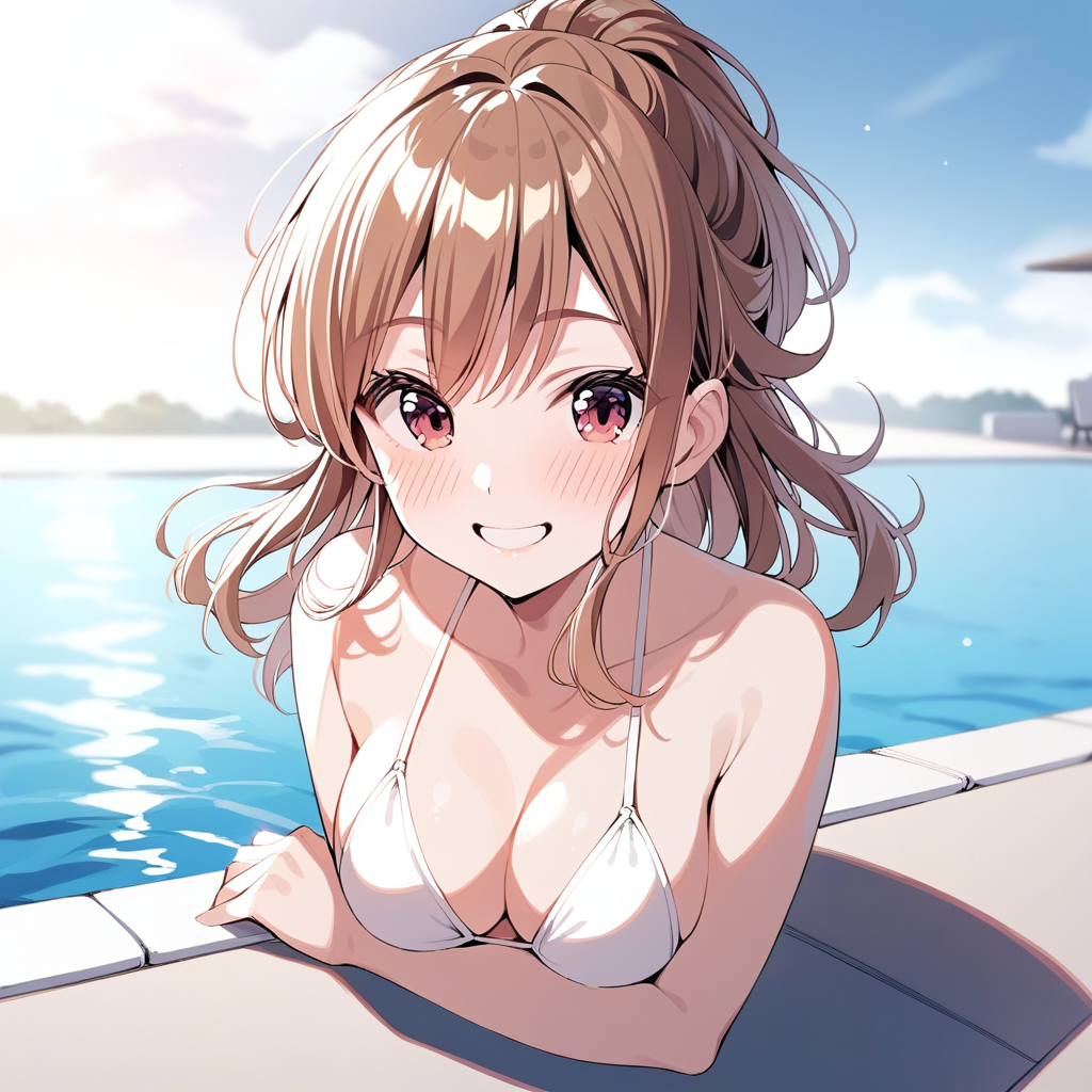 [high quality, best quality], 1girl, solo, hayasaka mei, <lora:mei_xl-000019:0.64>, white string bikini, medium breasts, arms under breasts, poolside, sky, day, smile, blush