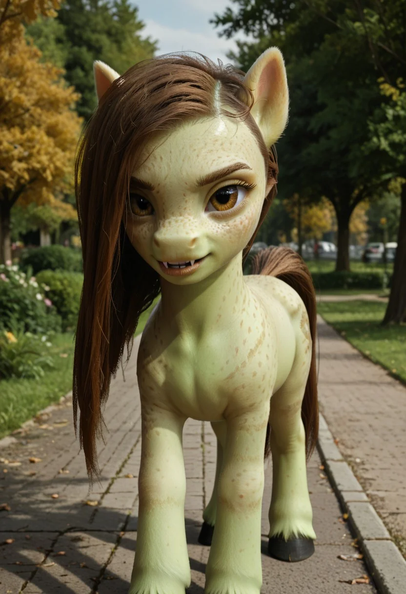 score_9, score_8_up, score_7_up orc101 green skin ((pony)) freckles as a  (((pony))) in a park