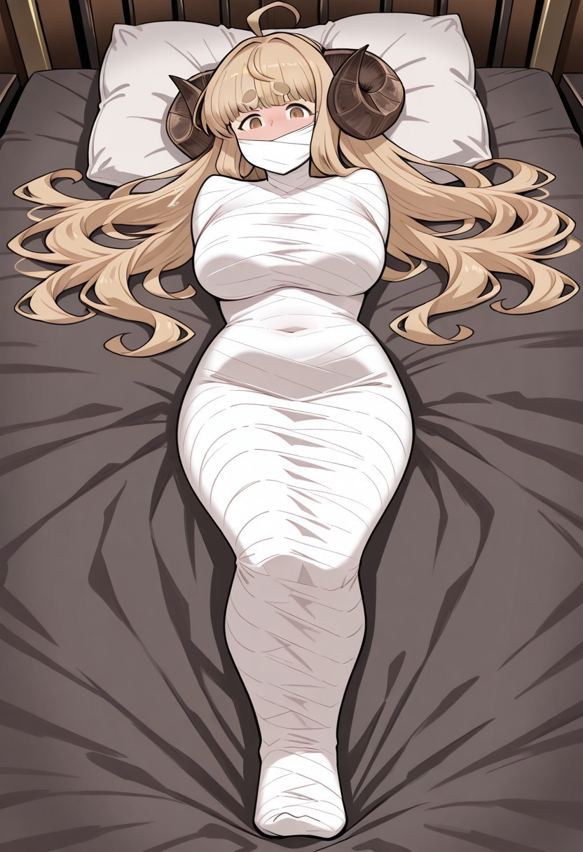 masterpiece, best quality, amazing quality, 1 girl, full body, <lora:Anila_Granblue_Fantasy_-_Illustrious:1>, anila_gbf, aniladefault, anila (granblue fantasy) (default), vetwrap, mummification \(bound\), white bandages, fine fabric emphasis, arms over chest, bound arms, bound legs, legs together, wrapped mouth, looking at viewer, struggling, lying down, on bed, embarrassed expression