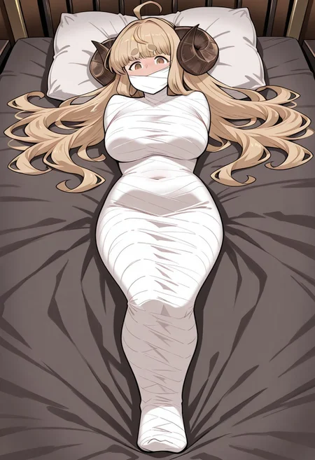 masterpiece, best quality, amazing quality, 1 girl, full body, <lora:Anila_Granblue_Fantasy_-_Illustrious:1>, anila_gbf, aniladefault, anila (granblue fantasy) (default), vetwrap, mummification \(bound\), white bandages, fine fabric emphasis, arms over chest, bound arms, bound legs, legs together, wrapped mouth, looking at viewer, struggling, lying down, on bed, embarrassed expression