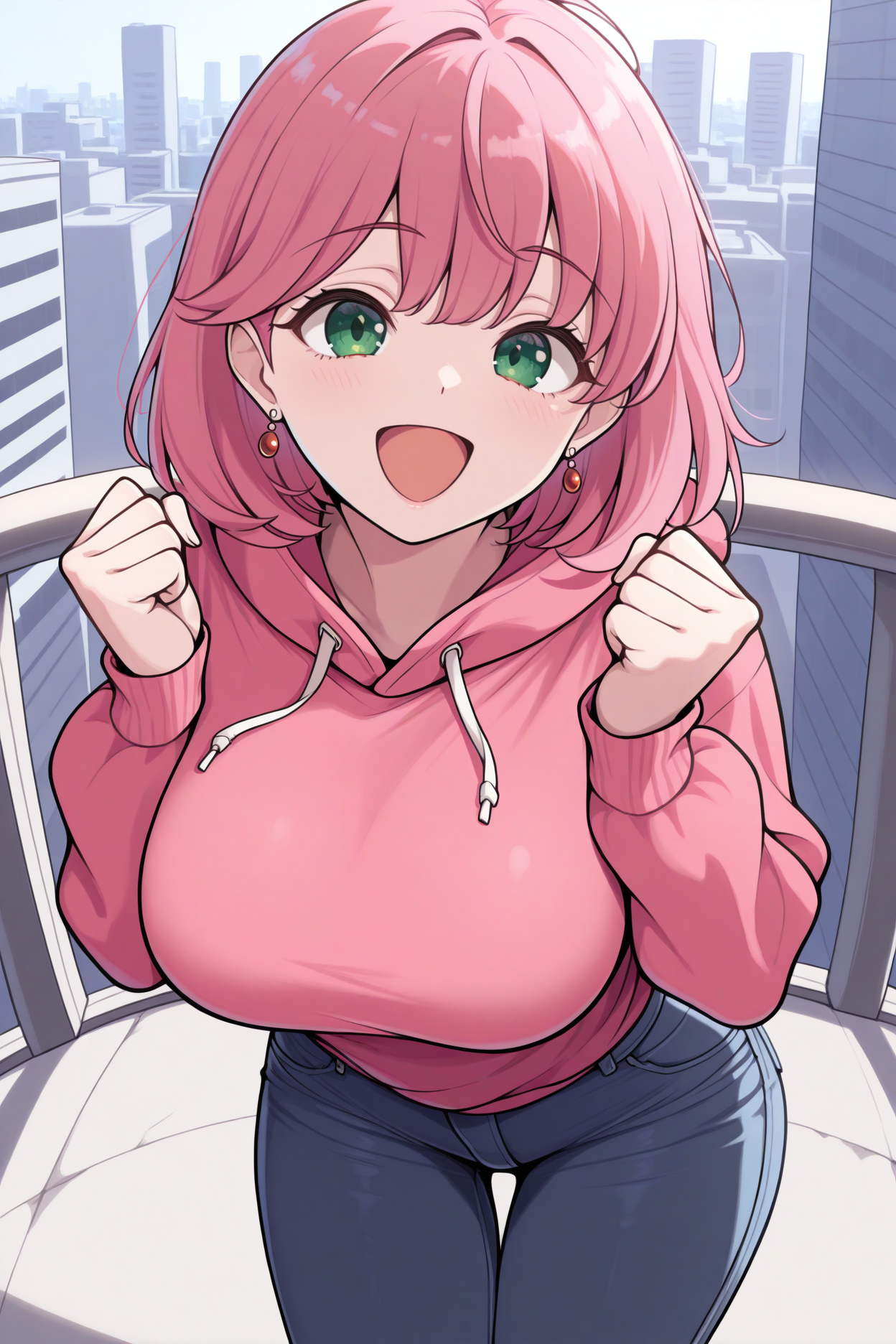 masterpiece, best quality, 1girl, solo <lora:fflenna-illu-nvwls-v1-000006:1> lennact, pink hair, medium hair, green eyes, red earrings, large breasts, pink hoodie, jeans, happy, open mouth, hands up, city, leaning forward, clenched hands, looking at viewer