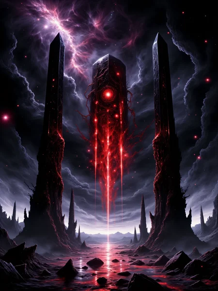 movie poster art, famous artwork in the style of dan mumford, eldritch dark fantasy painting, oil on canvas, an ominous, otherworldly landscape with towering obelisks in perfect symmetrical composition piercing the sky, each one obsidian black and jagged, the scene is set at an extremely low angle, forcing the viewer to gaze up at the immense monoliths, the perspective is distorted, making the obelisks feel overwhelming and oppressive, the focus of the image is a glowing red ornate artifact, hovering at the center of the composition, its surface swirling with eldritch energy, faint, pulsing light radiates from it, casting eerie red reflections on the surrounding ground, it stands out sharply against the surrounding darkness, drawing the eye toward its mysterious power, in the background, jagged rock formations rise from the barren, deserted landscape, their sharp edges silhouetted against the dark, foreboding night sky, far off in the distance, the terrain appears cracked and broken, the remnants of an ancient, forgotten world, the sky itself is a swirling mass of dark purples, deep greys, and faint red hues, with faint streaks of ethereal light cutting through the clouds, it feels heavy and oppressive, as though reality itself is bending under the weight of cosmic forces, the lighting is dramatic and minimal, the only source of illumination is the faint glow from the eldritch artifact and the dim light of the stars scattered across the sky, long shadows are cast across the rocky ground, adding to the sense of mystery and abandonment, the overall atmosphere is dark, eldritch, and mysterious, evoking a sense of unease, the scene feels deserted, with the obelisks standing as silent, ancient watchers of a forgotten and cursed land, the composition is symmetrical, adding an unnatural order to the chaotic landscape, while the palette of black, dark greys, reds, and purples emphasizes the eerie, ethereal quality of the image, highly detailed, intricate details, james web space telescope, cosmos, nebula in the sky, style of titian, <lora:style-titian-flux-by_tangbohu:0.4> <lora:james_webb_space_telescope-flux-by_motimalu:0.44> <lora:style-dan_mumford-v2-flux-by_tangbohu:0.8> <lora:style-fantastic_landscapes-flux-by_artifyai:0.4> <lora:image_enhancer-flux-by_dever:0.8>