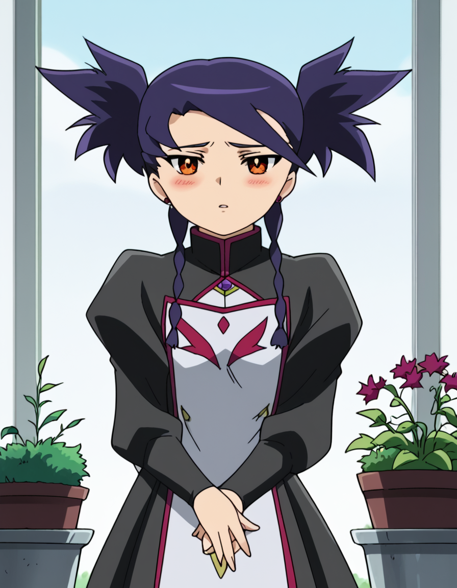 score_9, score_8_up, score_7_up, source_anime, <lora:nina-wang-s1-ponyxl-lora-nochekaiser:1>, nina wang, bangs, twintails, purple hair, braid, twin braids, orange eyes, anime screencap,, long sleeves, dress, jewelry, earrings, puffy sleeves, black dress, juliet sleeves,, gardening, watering plants, backyard, flowers blooming, sunny day, , <lora:x-fingers-ponyxl-lora-nochekaiser:1>, x fingers, blush, parted lips,, looking at viewer, solo,, dutch angle, cowboy shot