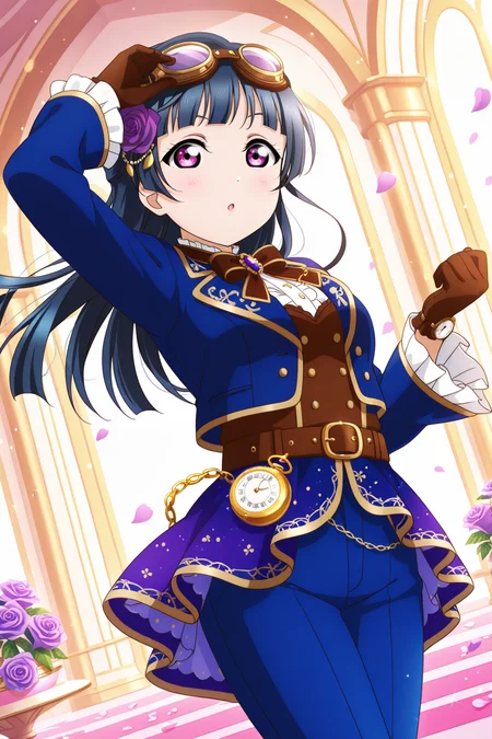 <lora:Love_Live:1>, Love Live, 1girl, solo, gloves, long hair, flower, hair ornament, pants, hair flower, purple eyes, looking at viewer, watch, blue pants, brown gloves, blunt bangs, pocket watch, rose, frills, jewelry, purple flower, purple rose, chain, cowboy shot, belt, standing, blue jacket, goggles, frilled sleeves, goggles on head, dress, bow, petals, jacket, long sleeves, musical note, arm up, blue hair, holding