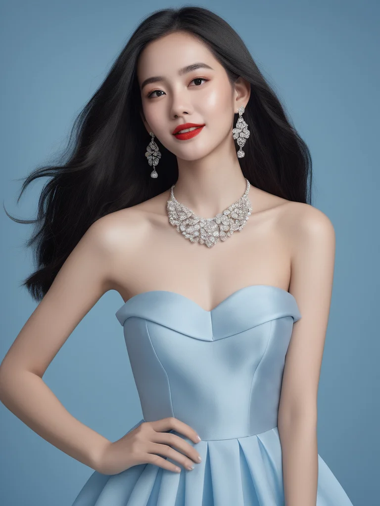 <lora:䏿¹å®¡ç¾ _ BRairt.SDXL_v1.0_0.5+zhenren_0.5:0.7>masterpiece,best quality,realistic 1:4,happy
1girl,solo,dress,jewelry,earrings,long hair,black hair,blue dress,bare shoulders,looking at viewer,strapless,red lips,strapless dress,breasts,floating hair,long dress,hoop earrings,white hair,blue background,blue tint