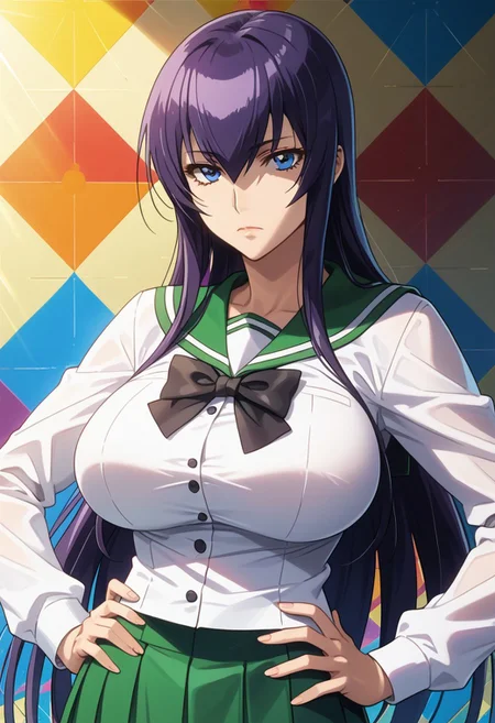 score_9, score_8_up, score_7_up, 1girl, looking at viewer, sunlight, abstract background, argyle background, rainbow, heart, upper body, close-up, portrait,
<lora:Saeko_Busujima_Dwnsty_r1:0.8>, saeko_busujima, purple hair, blue eyes, long hair, hair between eyes, school uniform, serafuku, green skirt, long skirt, pleated skirt, black bowtie,
lips, expressionless, large breasts, skindentation, mature female, hands on own hips,