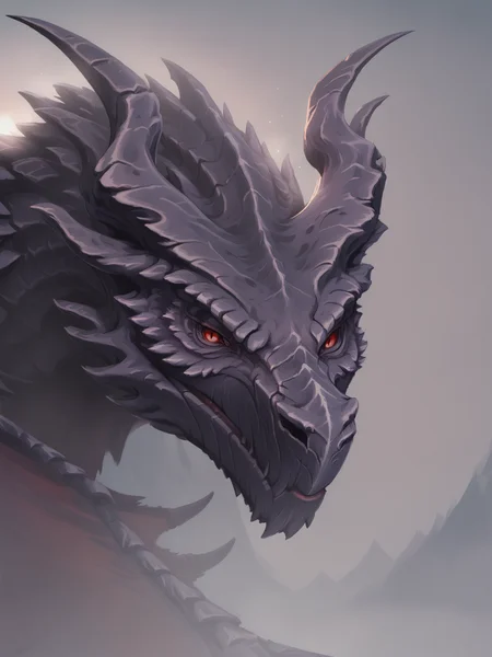 score_9, score_8_up, score_8, alduin, dragon, wyvern, feral, male, tail, black scales, red eyes, serious expression, digital painting, solo, flat color, soft lighting, mountain background, close up, facing viewer, portrait view, <lora:princess_xl_v2:1>, <lora:Smooth Anime Style LoRA XL:1>, <lora:LoraAlduinBYXL_alduin:1>