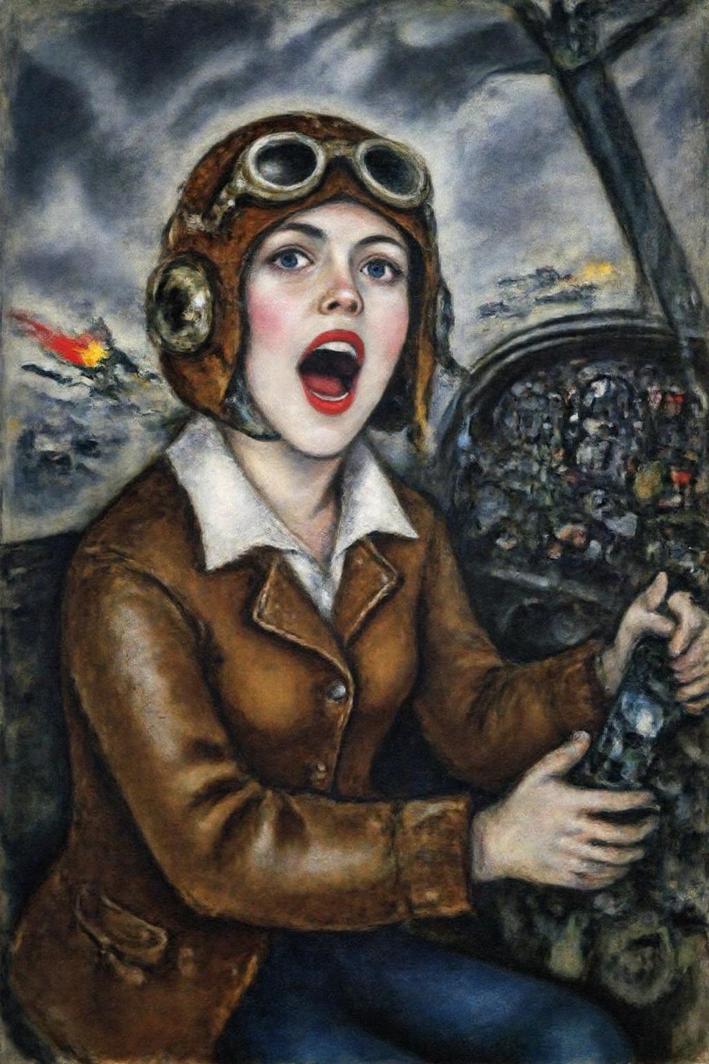marcha9 painting 
A female pilot screaming inside the cockpit of a World War II bomber. The pilot, wearing a vintage leather flight helmet with goggles and a bomber jacket, grips the controls with white-knuckled hands. Her face is contorted in a mix of fear and determination as she yells, her eyes wide with adrenaline. The cockpit is cramped and filled with old-fashioned dials and gauges, with the outside view showing dark stormy clouds and distant anti-aircraft fire.  <lora:marcha2_cap_d6a3e15:1.0><lora:814276497675190835:0>