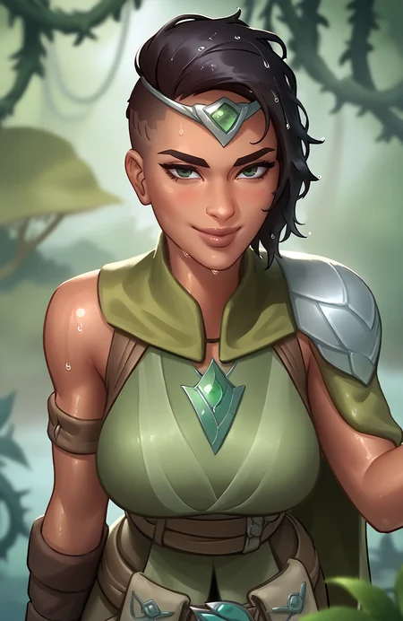 score_9, score_8_up, score_7_up,
1girl, solo, <lora:Vivien_Reid_-_Magic_the_Gathering:1>, green eyes, dark skin, black hair, sidecut, circlet, fingerless gloves, asymmetrical_hair, cornrows,
lips, blush, smirk, looking at viewer,
green outfit, armor, cape, boots, pelvic curtain, belt,
shiny skin, sweaty, wet skin, wet hair,
<lora:Smooth Anime 2 Style SDXL_LoRA_Pony Diffusion V6 XL:0.8>
<lora:SummertimeSagaXL_Pony:0.7>
depth of field, blurry background, blurry foreground, dense forrest, jungle, vines, raining, fog,