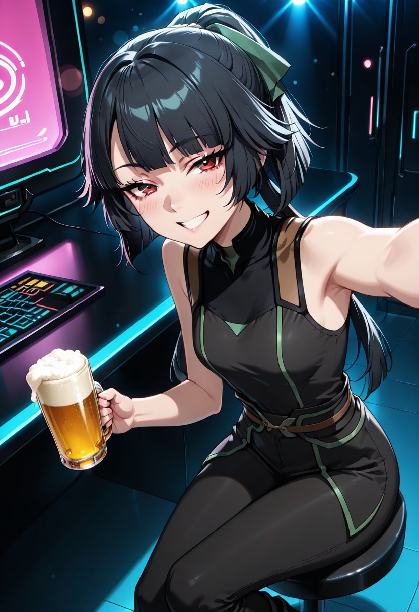 score_9, score_8_up, score_7_up, dynamic view, eye_focus, solo, looking_at_viewer, 1girl, 
masterpiece, best quality, bokeh, luminescent background,
( jasmine flamesworth,, black hair, pony tail, long hair, hair ribbon, green ribbon, red eyes,  small breasts,, sleeveless shirt, black shirt, brown belt, black pants, short boots, black boots,  ,  )
looking_at_viewer, 1girl, masterpiece, best quality, bokeh, luminescent background, hand up, thumbs up, grin, looking at viewer, happy, (neon), plastic, (Scifi Style room), (cyberpunk), upper body, bar, half-closed eyes, sitting, stool, counter, holding beer stein, open mouth, blush, happy, open mouth