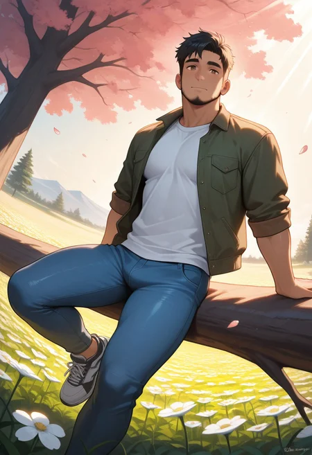 masterpiece, best quality, amazing quality, good quality, very awa, newest, highres, absurdres, warm light, lively and bustling atmosphere, background details visible, shiny skin, outdoor, flower field, tree, sky, sunbeam, solo, male focus,
1boy, torithor, bara, short hair, black hair, brown eyes, facial hair, shirt, jacket, jeans, sneakers,
dynamic pose, relaxing, fisheye, windy, (flying petal:1.5),