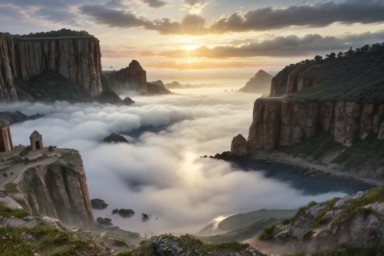 Abandoned mysterios ancient city in foggy on the sea's coast at sunrise, in water stand cliffs and rocks, style by Lovecraft, meticulous, intricate, entangled, intricately detailed