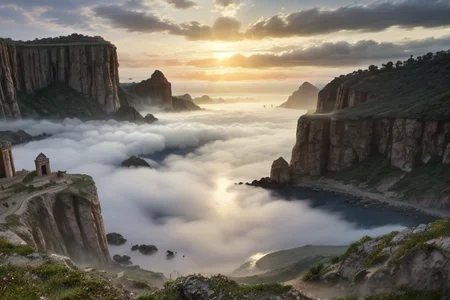 Abandoned mysterios ancient city in foggy on the sea's coast at sunrise, in water stand cliffs and rocks, style by Lovecraft, meticulous, intricate, entangled, intricately detailed