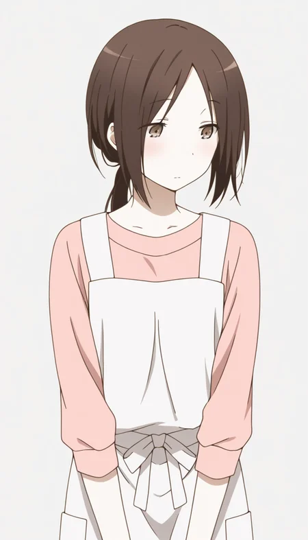 <lora:Fujimiya_Shiho:0.8>,fujimiya shiho,brown hair,brown eyes,solo,simple background,apron,(pale skin:0.5),, masterpiece,best quality,amazing quality