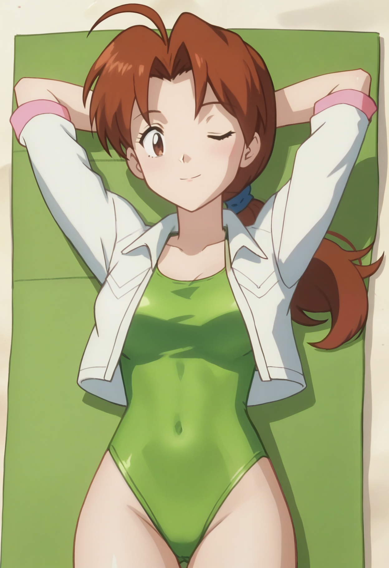 score_9, score_8_up, score_7_up, score_6_up, anime screencap, anime coloring, <lora:PMDeliaK_epoch_10:0.8>, PMDeliaK, 1girl, solo, brown hair, ponytail, ahoge, long hair, parted bangs, brown eyes, hair tie,
cropped jacket, white jacket, open jacket, swimsuit under clothes, green one-piece swimsuit,
lying, mat, looking at viewer, arms behind head, light smile, one eye closed, legs, on back, sleeping,
BREAK, beach