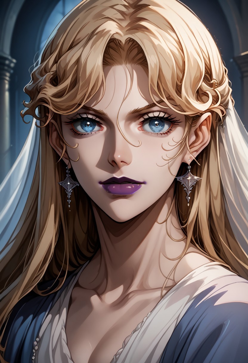 source_anime, (C4STL3V4NI4), ((score_9)),score_8_up,score_7_up,score_6_up,score_5_up,score_4_up,<lora:Castlevania_Style_Pony-v1:0.7>, Castlevania_Style, Castlevania Style, 1woman, brita_(darker_than_black), long_hair, blonde_hair, blue eyes, purple_lips, vampire,
