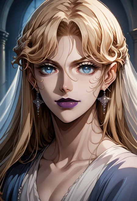 source_anime, (C4STL3V4NI4), ((score_9)),score_8_up,score_7_up,score_6_up,score_5_up,score_4_up,<lora:Castlevania_Style_Pony-v1:0.7>, Castlevania_Style, Castlevania Style, 1woman, brita_(darker_than_black), long_hair, blonde_hair, blue eyes, purple_lips, vampire,